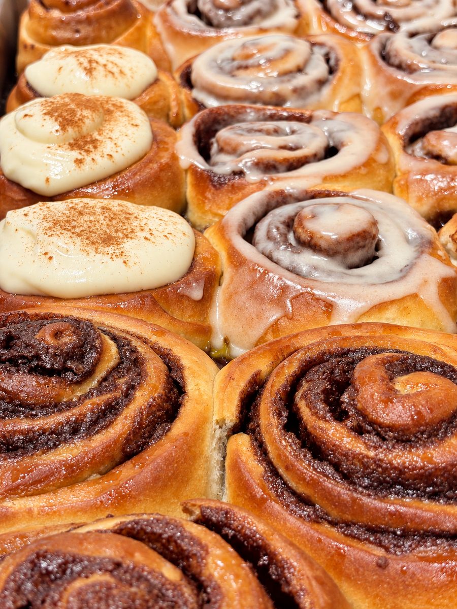 Freshly baked cinnamon rolls with frosting